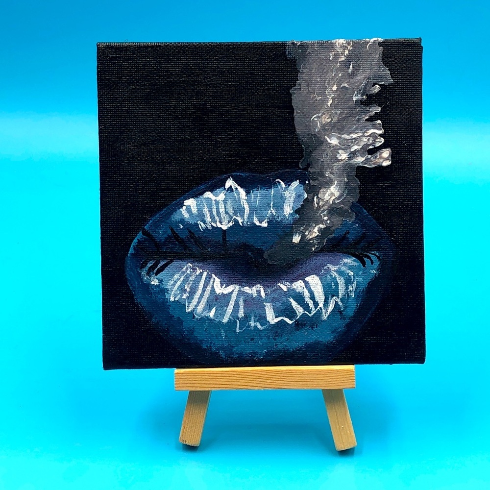 5”x5” Original Hand Painted Stretched Canvas Board w/Smoking Lips. Acryl…